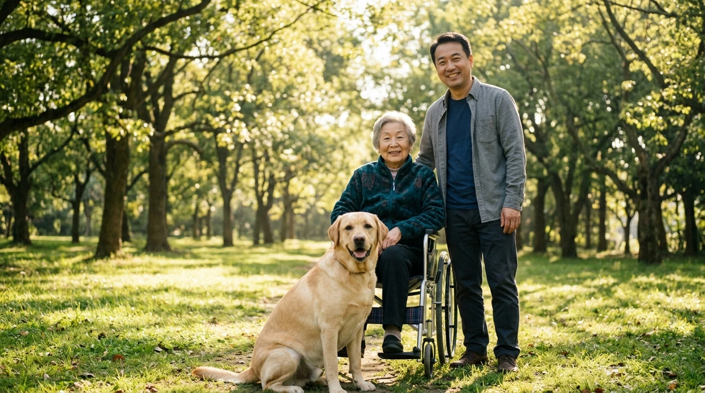 公園戶外晨光社會服務、關懷長者與正前方拉不拉多犬